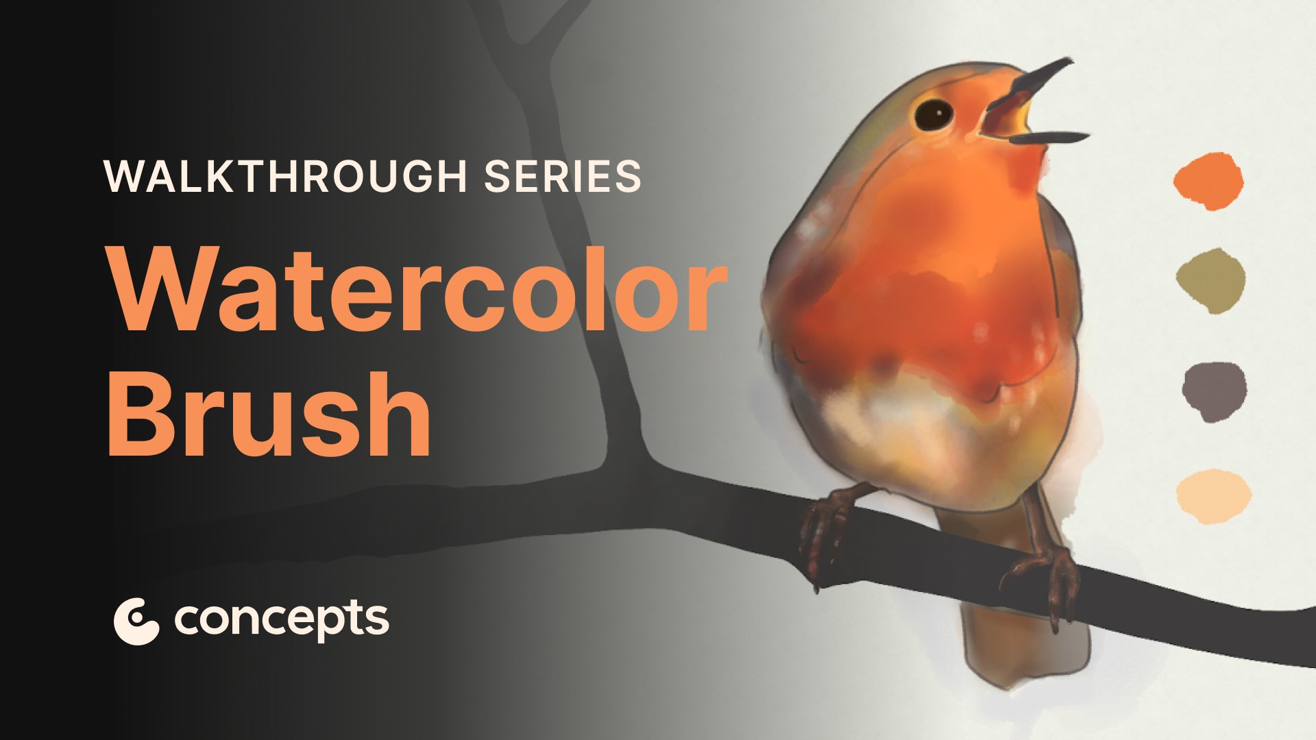 Concepts Walkthrough Tutorial video covering watercolor brush tools and blending techniques.