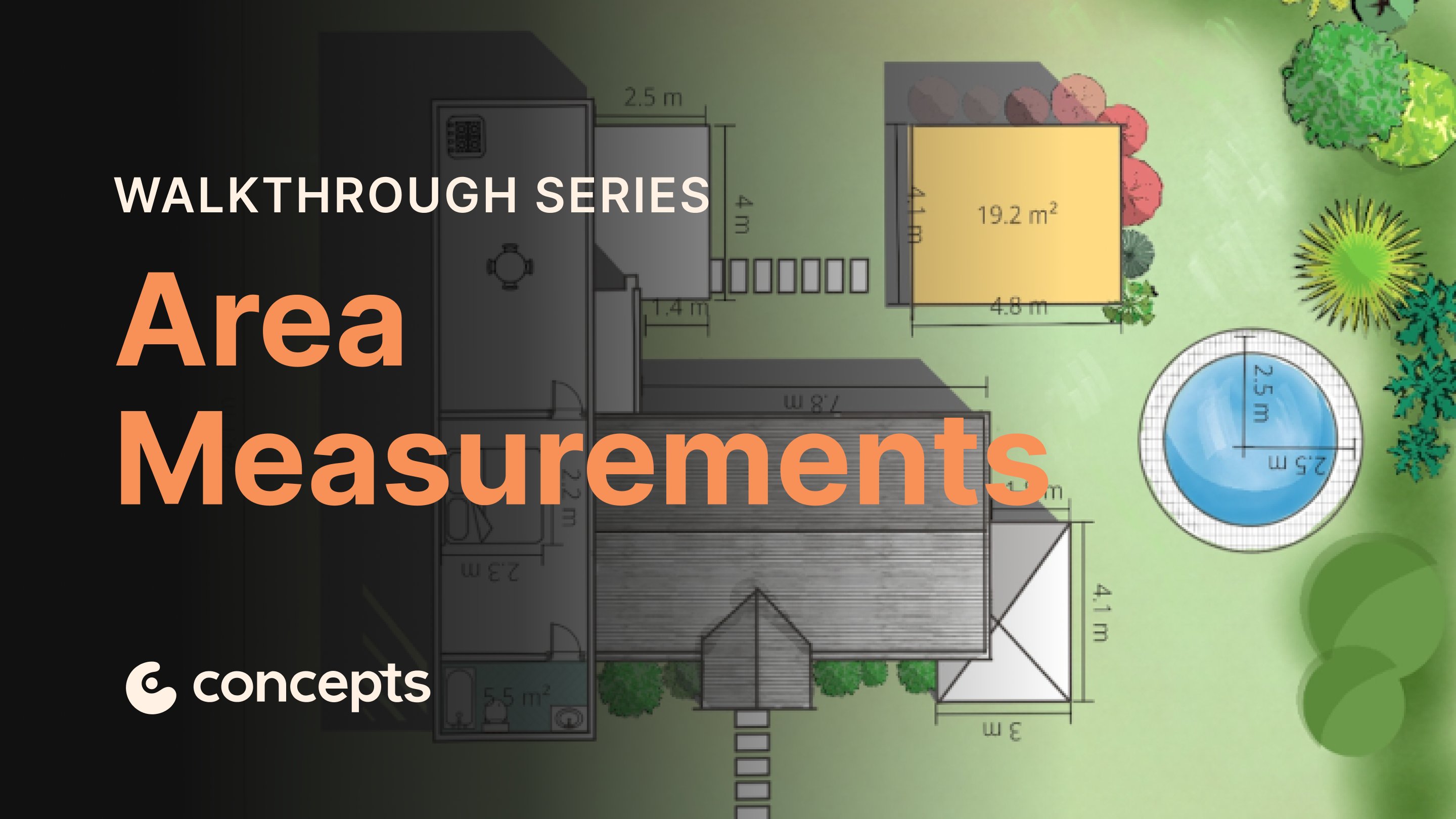Concepts Walkthrough Tutorial video covering area measurement, filled shapes, and surface area calculation.