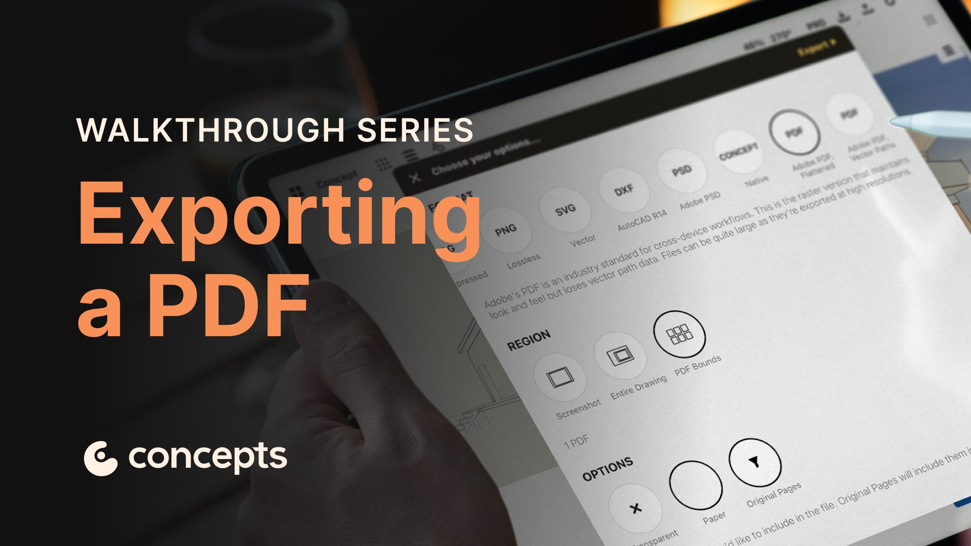 Concepts Walkthrough Tutorial video covering PDF export formats, multi-page PDF creation, and page bounds selection.