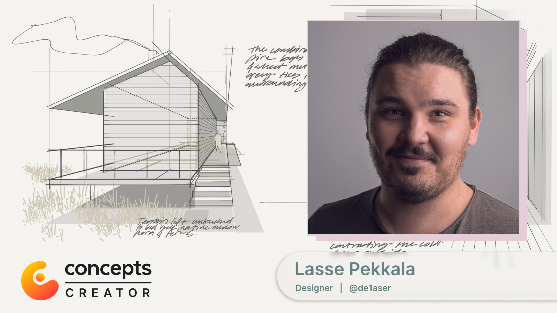 photo of Lasse Pekkala, Conceps Creator with architectural sketches in the background