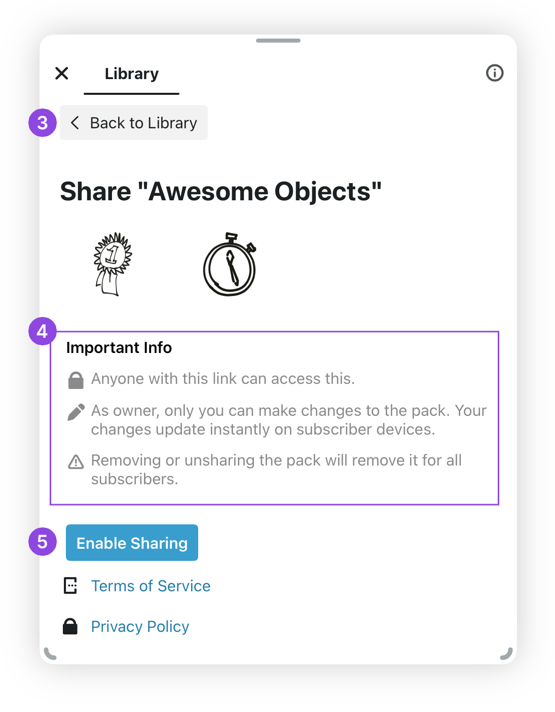 Sharing Menu for Object Pack sharing