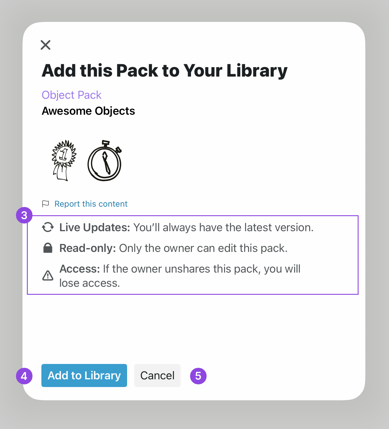 Object Pack share accept screen in Concepts.