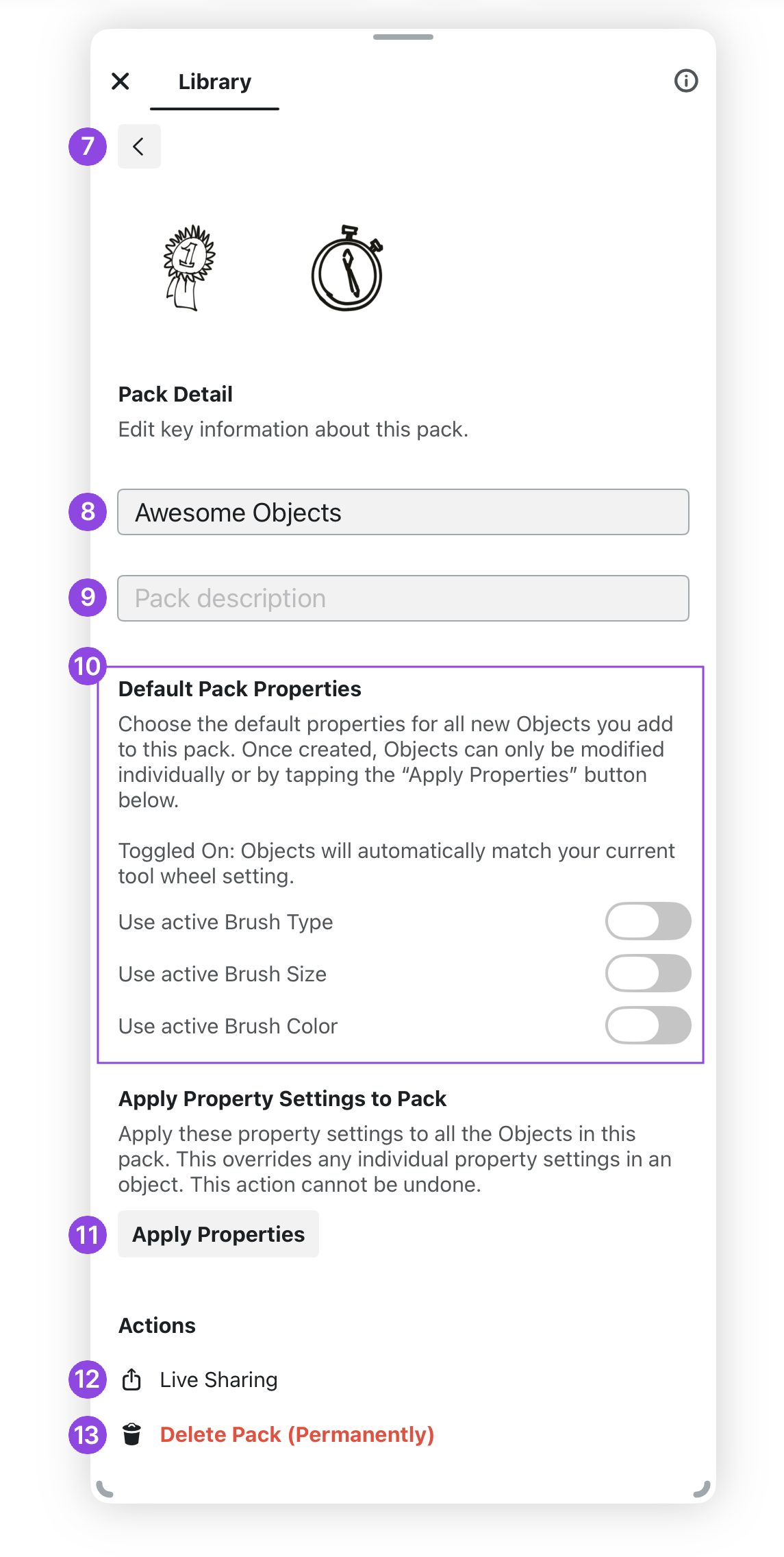 Object pack Settings options