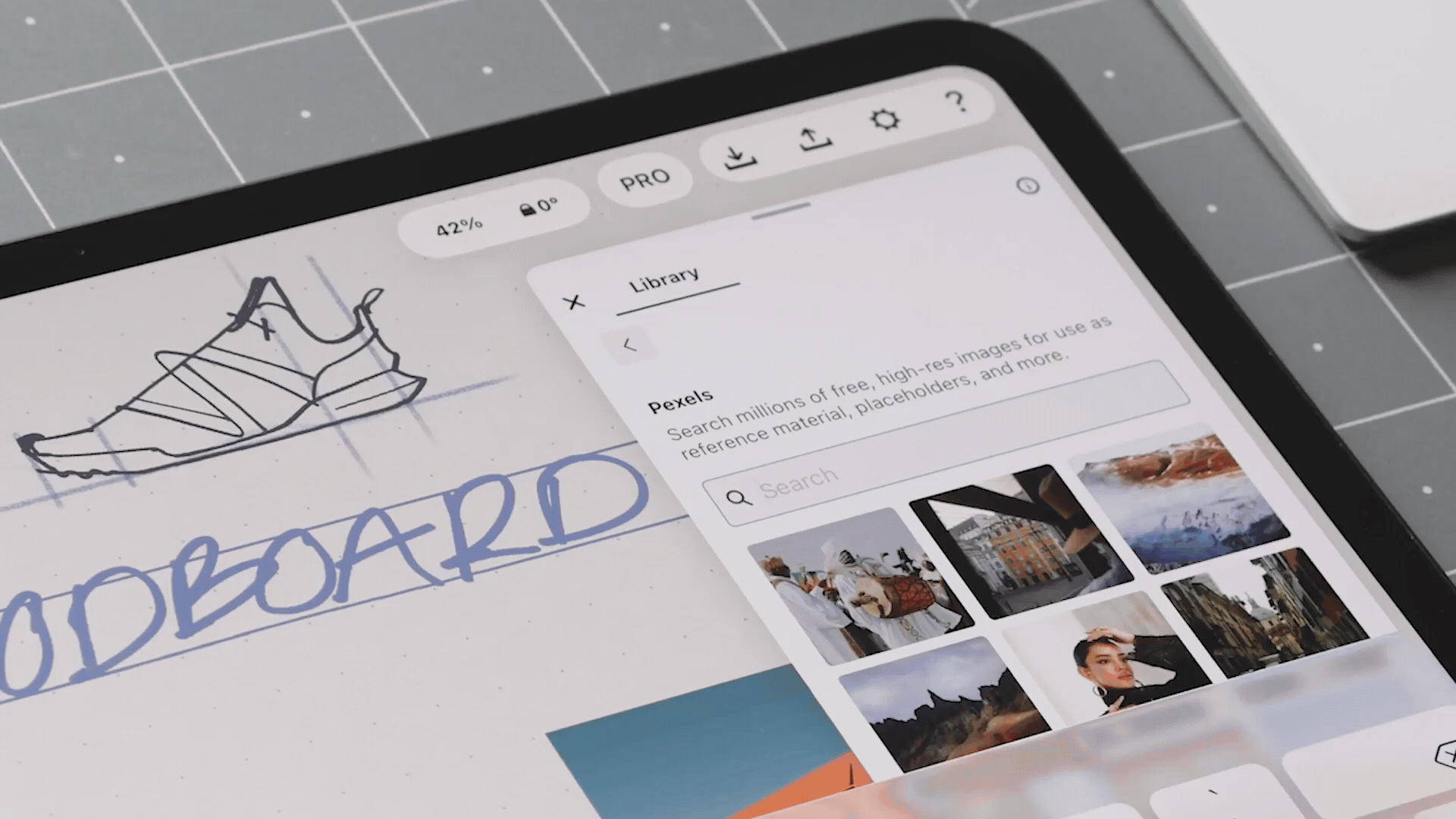 Typing in search bar and navigating the Pexels Library in Concepts.