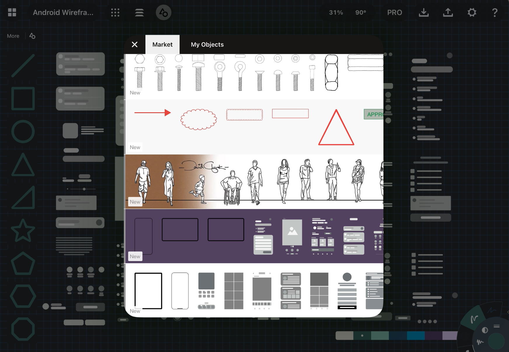 Android Wireframing Object Pack Preview on iPad.