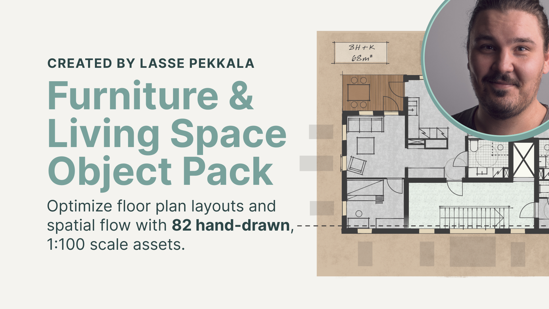 Architecural drawing using the furniture and living space Object Oack and portrait of Lasse Pekkala.