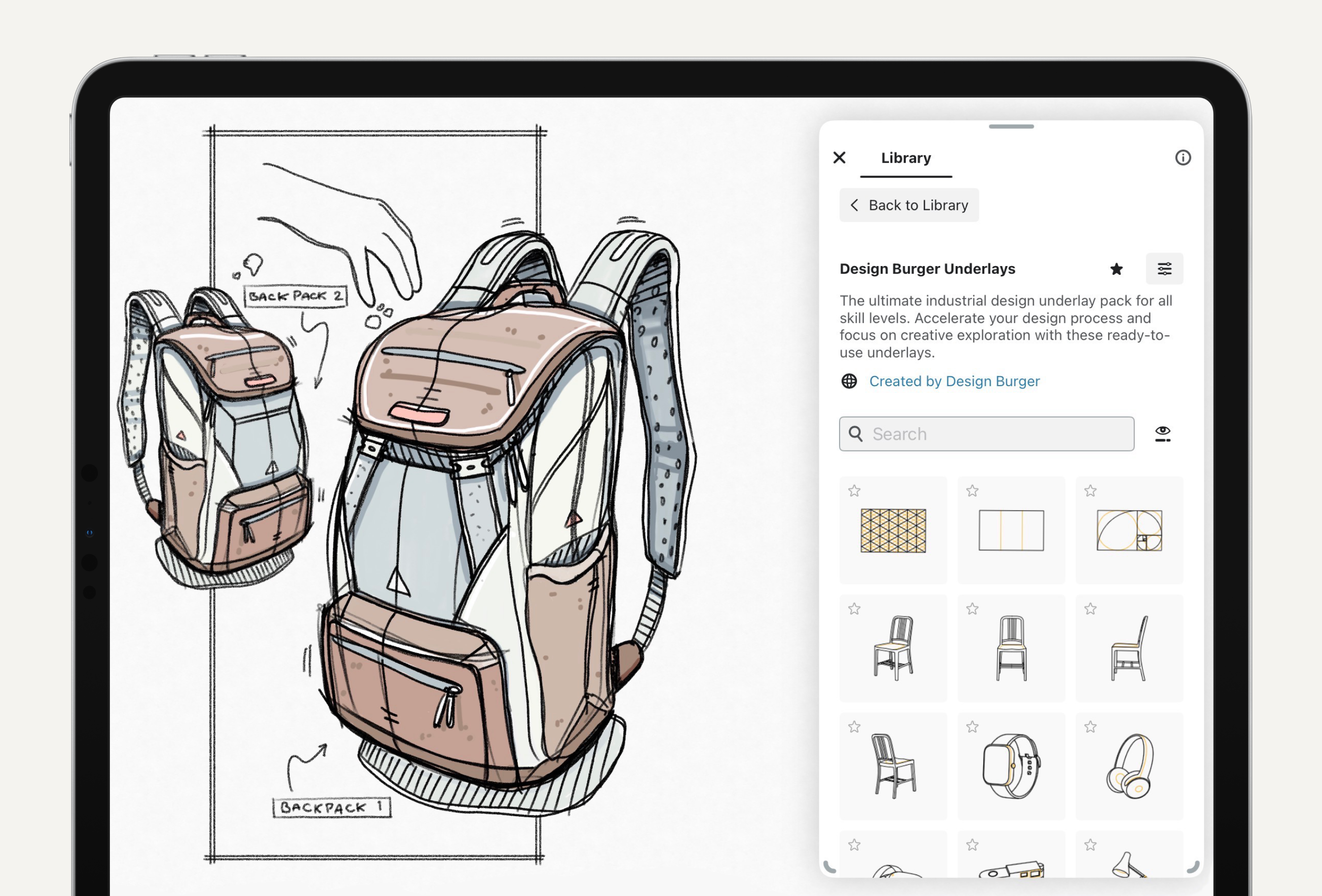 Industrial design backpack illustration created with the Underlays Object Pack