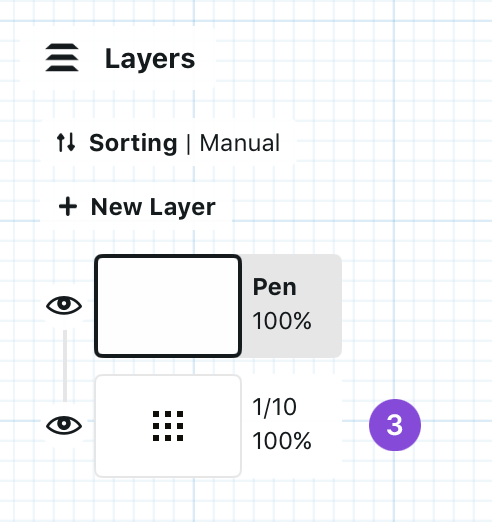 Layers panel showing the grid as a dedicated layer with a callout on its position below the Pen layer