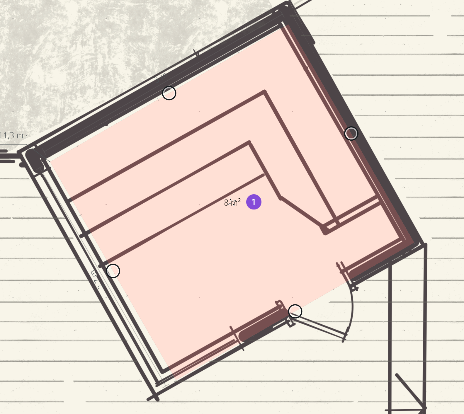 Architectural floor plan with a highlighted area measurement fill showing 8.1 square meters