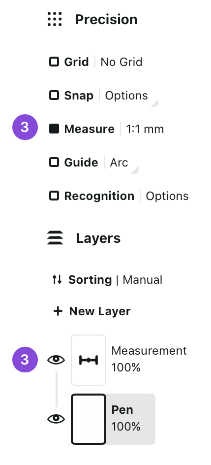 Precision panel with Measure highlighted at 1:1 mm and the Layers panel showing the Measurement layer visibility eye toggle