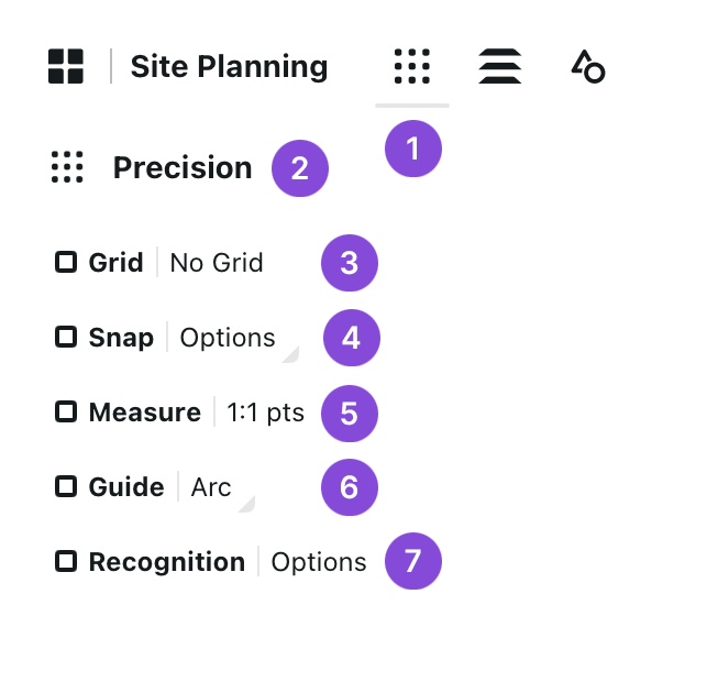 Precision panel with numbered callouts for the Precision toggle, Grid, Snap, Measure, Guide and Recognition settings
