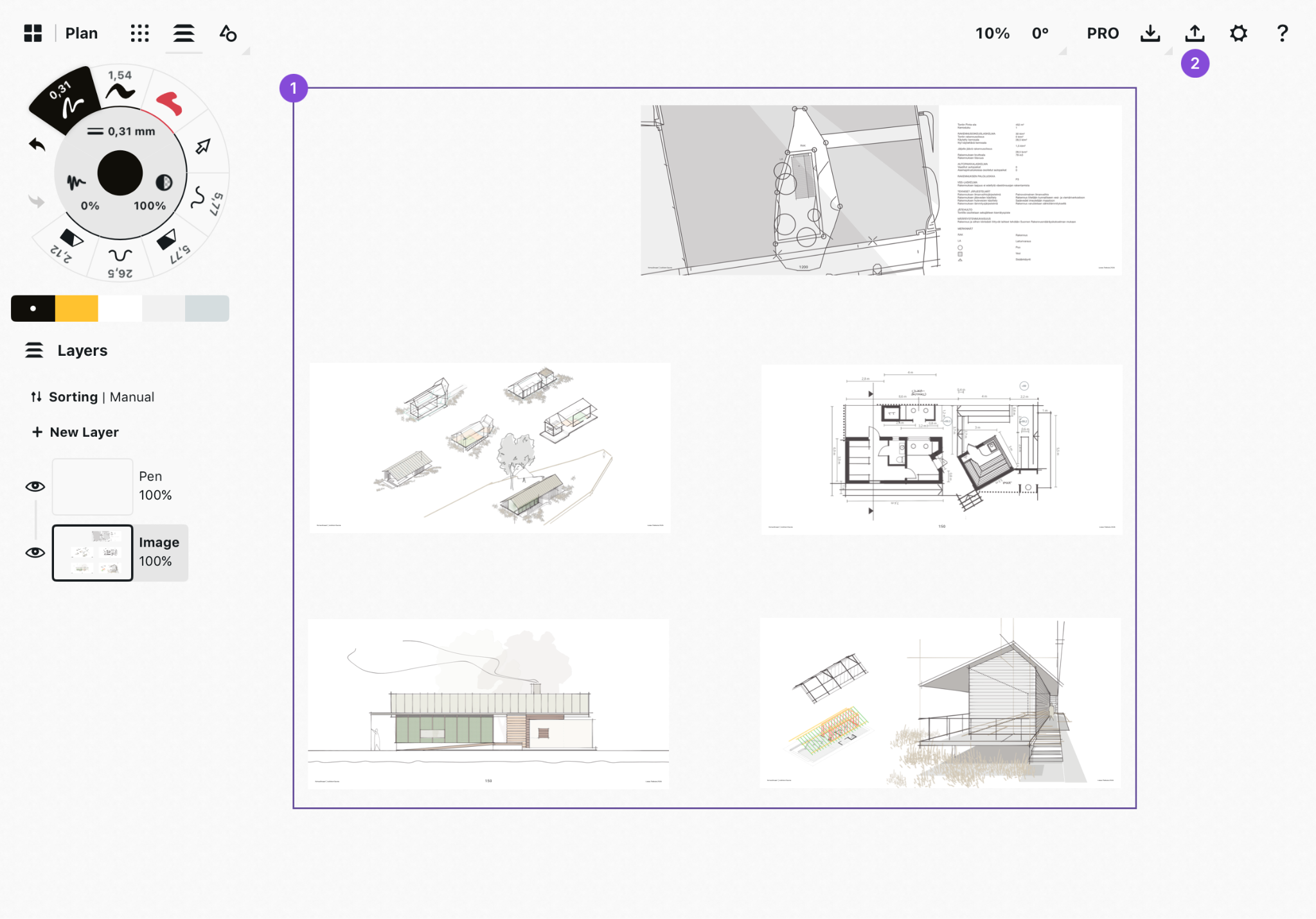 Concepts canvas with multiple architectural drawings selected inside the PDF export bounds and a callout on the export icon