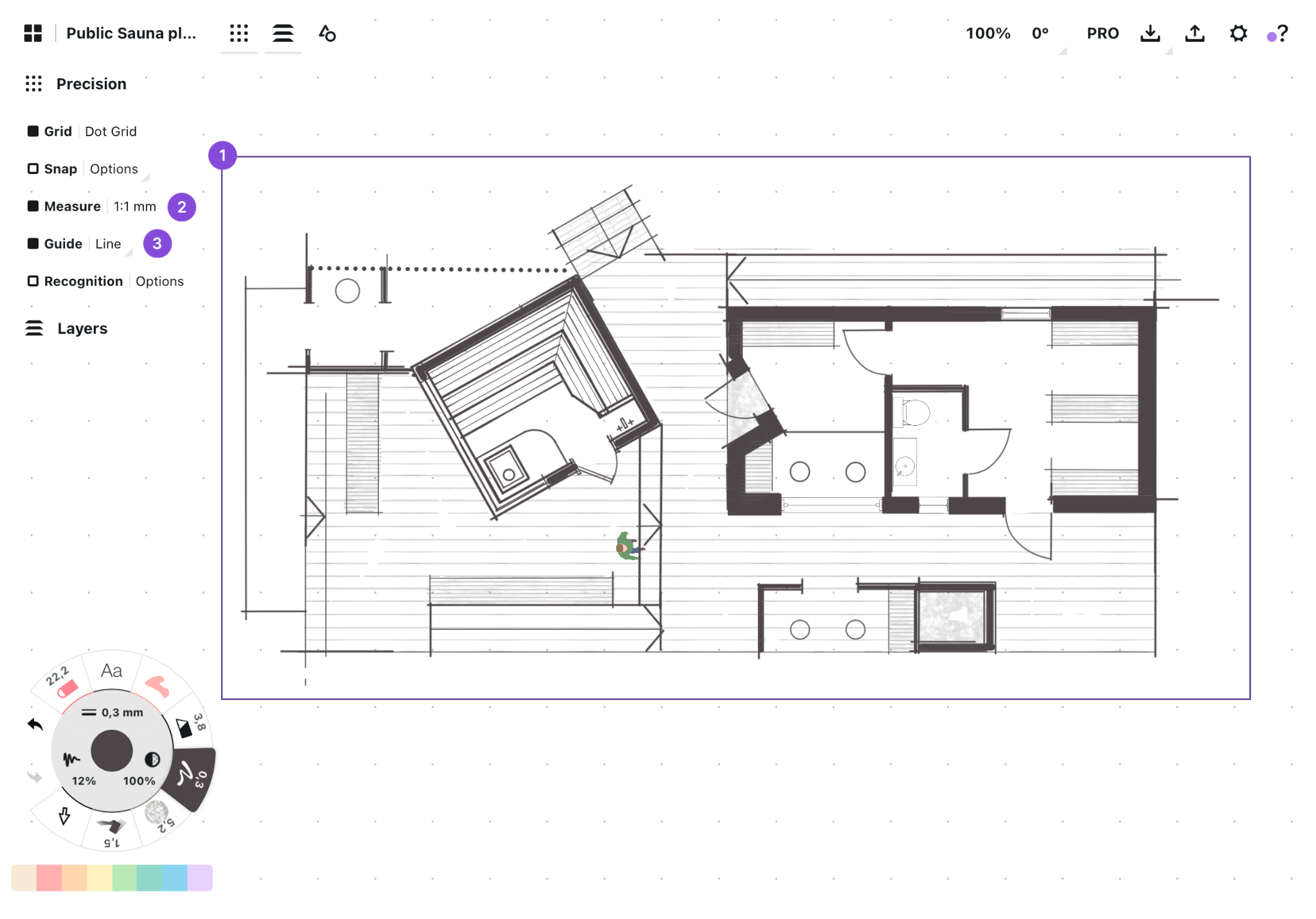 Architectural floor plan with numbered callouts on the selection bounds, Measure setting and Line guide