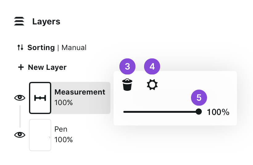 Measurement layer selected in the Layers panel with floating options for Delete, Settings and opacity at 100 percent