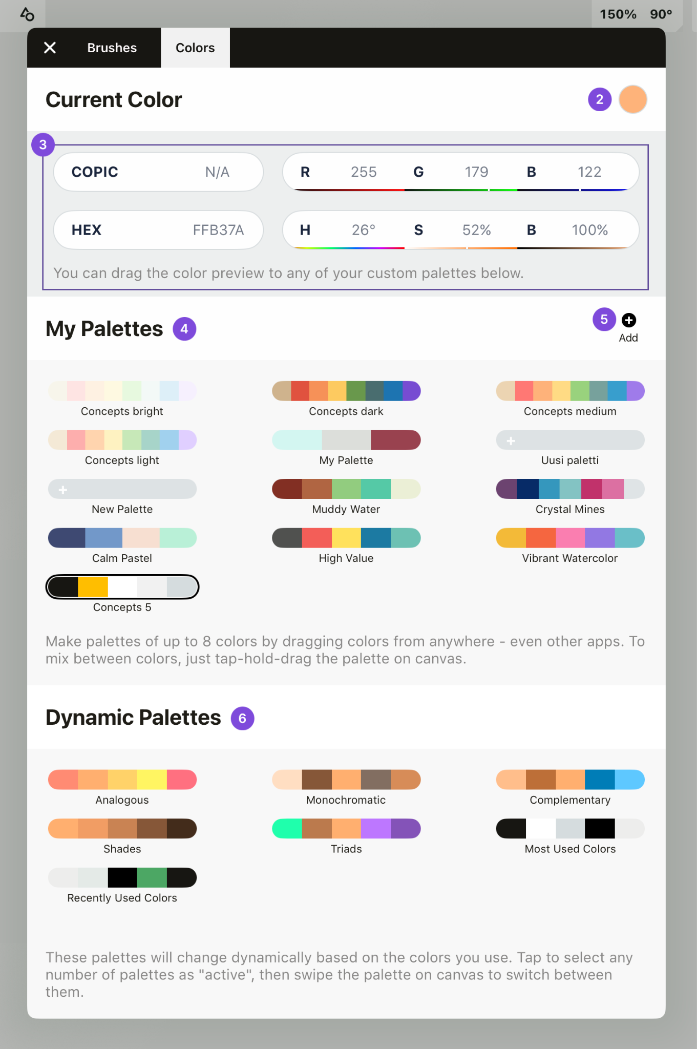 The Colors Menu showing palettes and color values