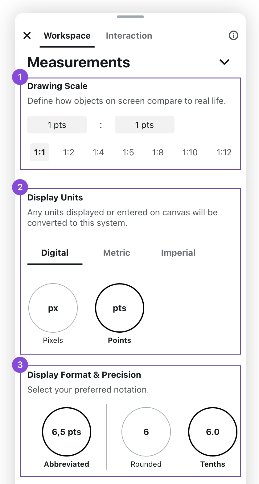 Measurements panel with Drawing Scale, Display Units, and Display Format and Precision sections highlighted by numbered callouts