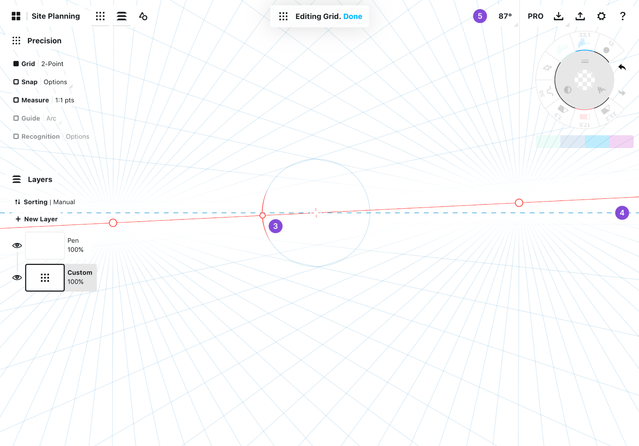 Canvas in grid edit mode showing a 2-Point perspective grid with callouts on the origin point, horizon line and 87 degree angle in the status bar