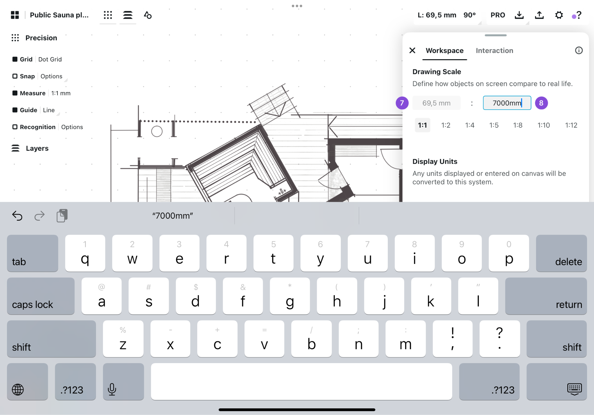 Drawing Scale settings panel with custom scale value input and preset ratios from 1:1 to 1:12