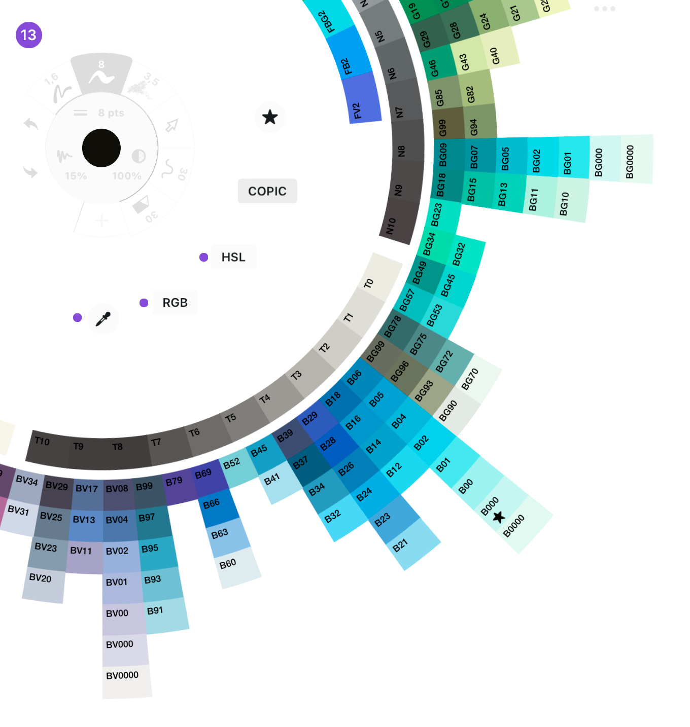 Color Wheel with COPIC, HSL and RGB options