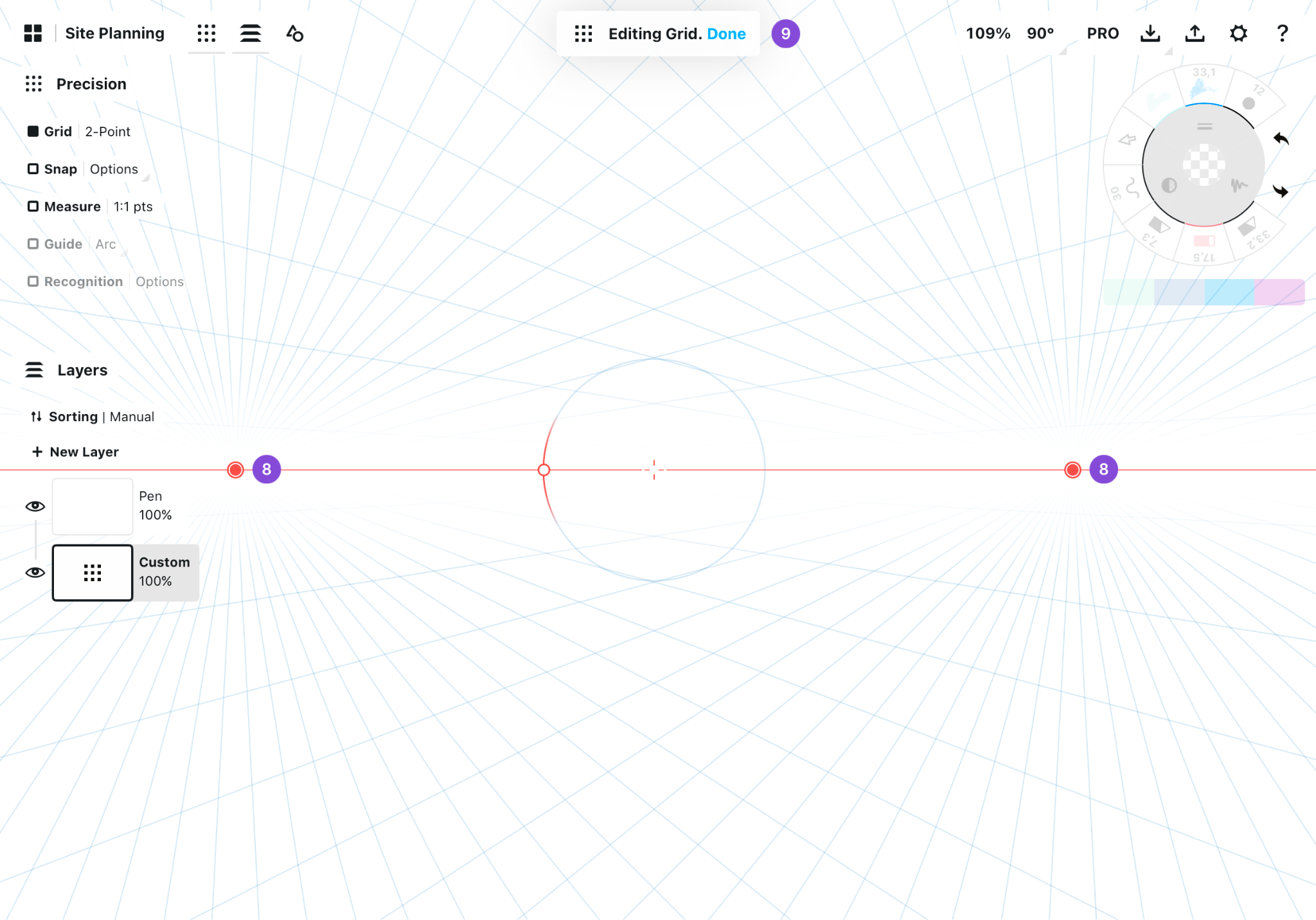 Canvas editing a 2-Point perspective grid with callouts on the vanishing points and the Done button in the header