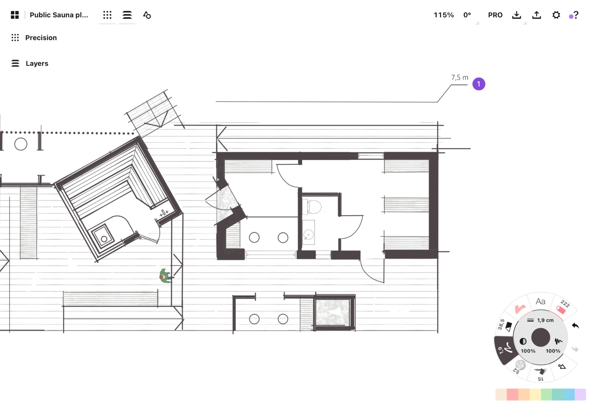 Floor plan showing a 7.5 meter horizontal dimension appearing dynamically while drawing