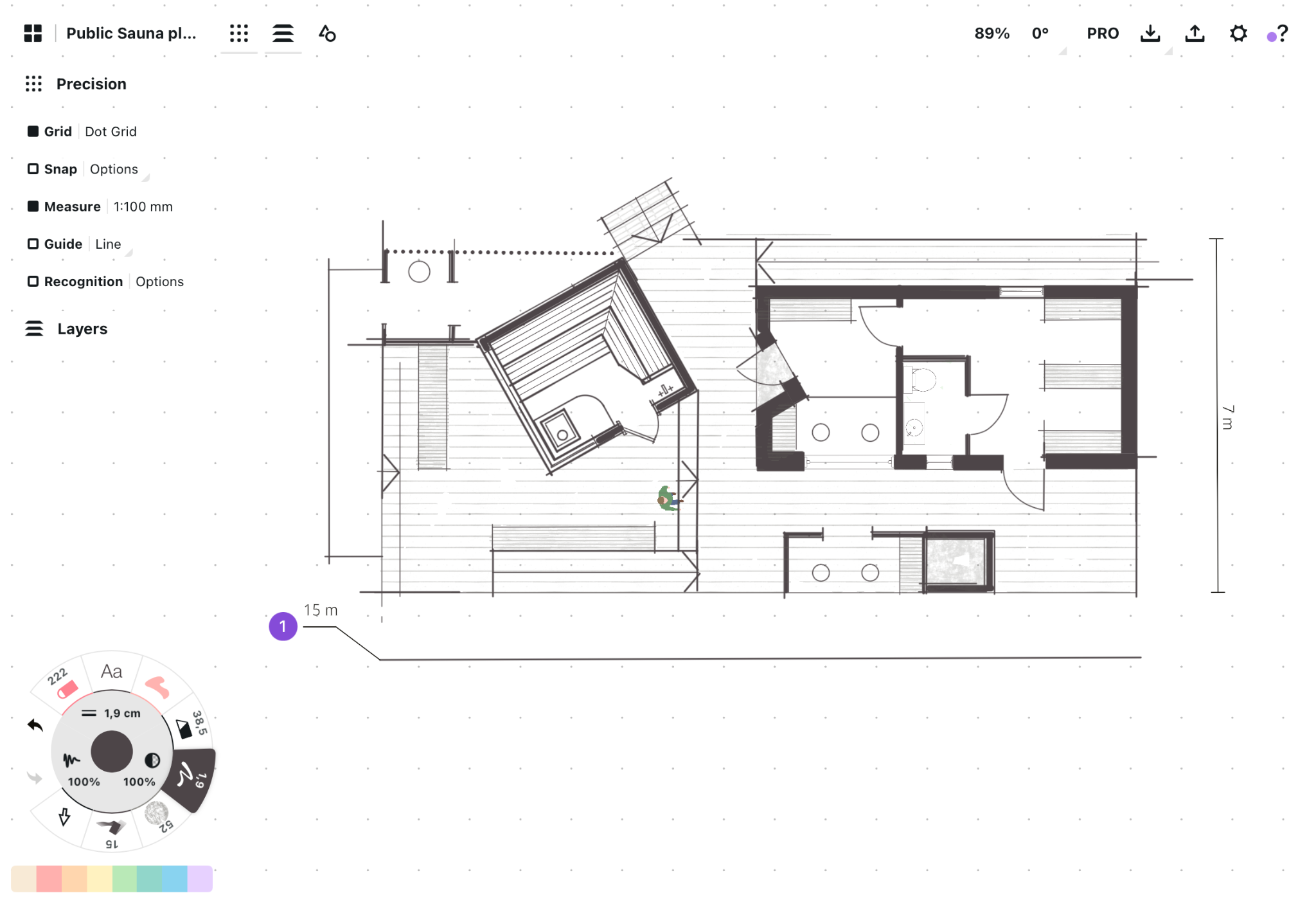 Architectural floor plan with dimensions displayed while Measure mode is enabled at 1:100 mm scale