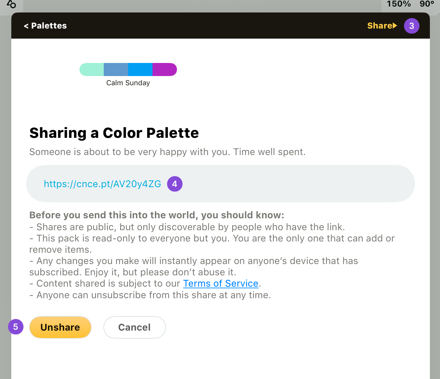 Palette sharing screen with share and link options