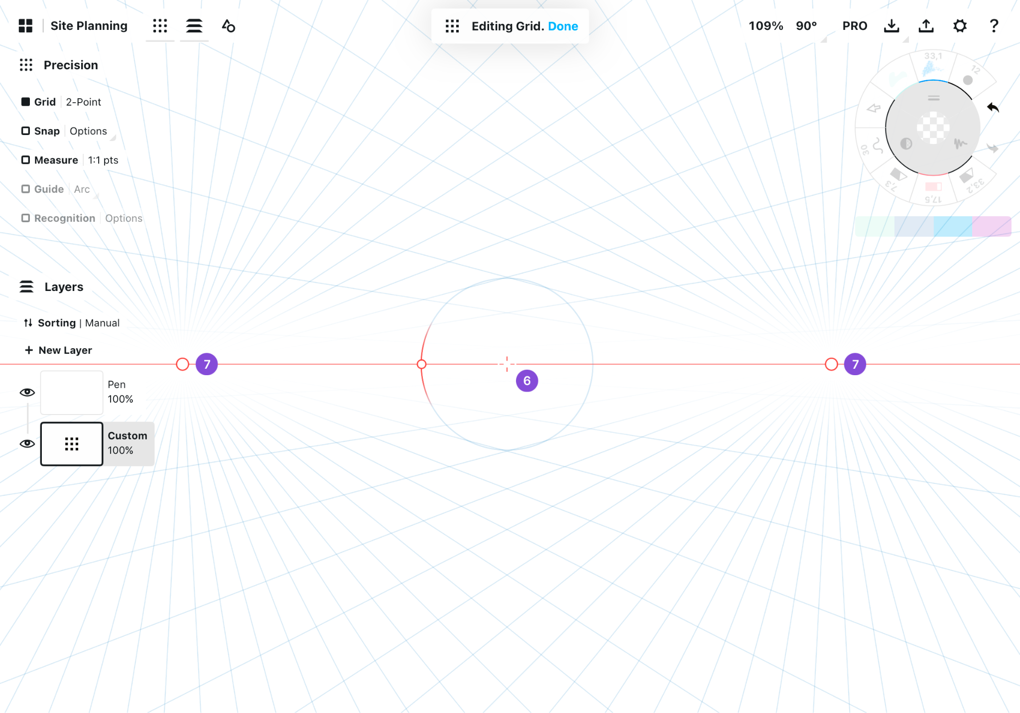 2-Point perspective grid in edit mode showing the two vanishing points and central origin