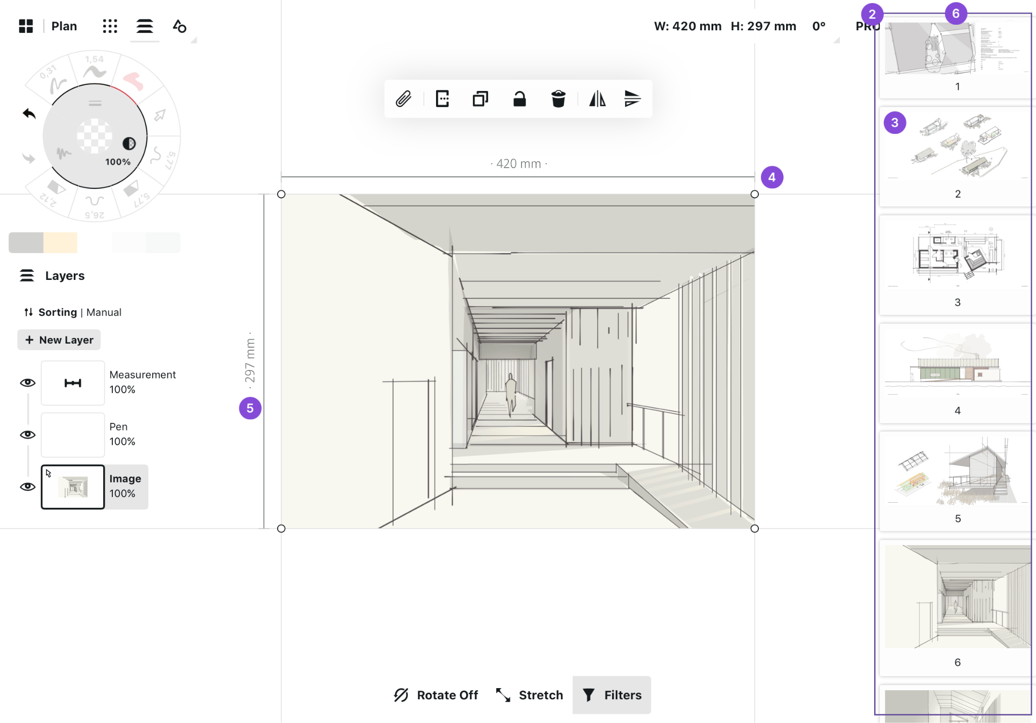 Imported multi-page PDF displayed as page thumbnails alongside a perspective drawing with measurement annotations