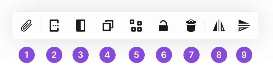 Selection contextual toolbar with nine numbered icons including attach, edit, layer, duplicate, more, lock, delete and flip controls