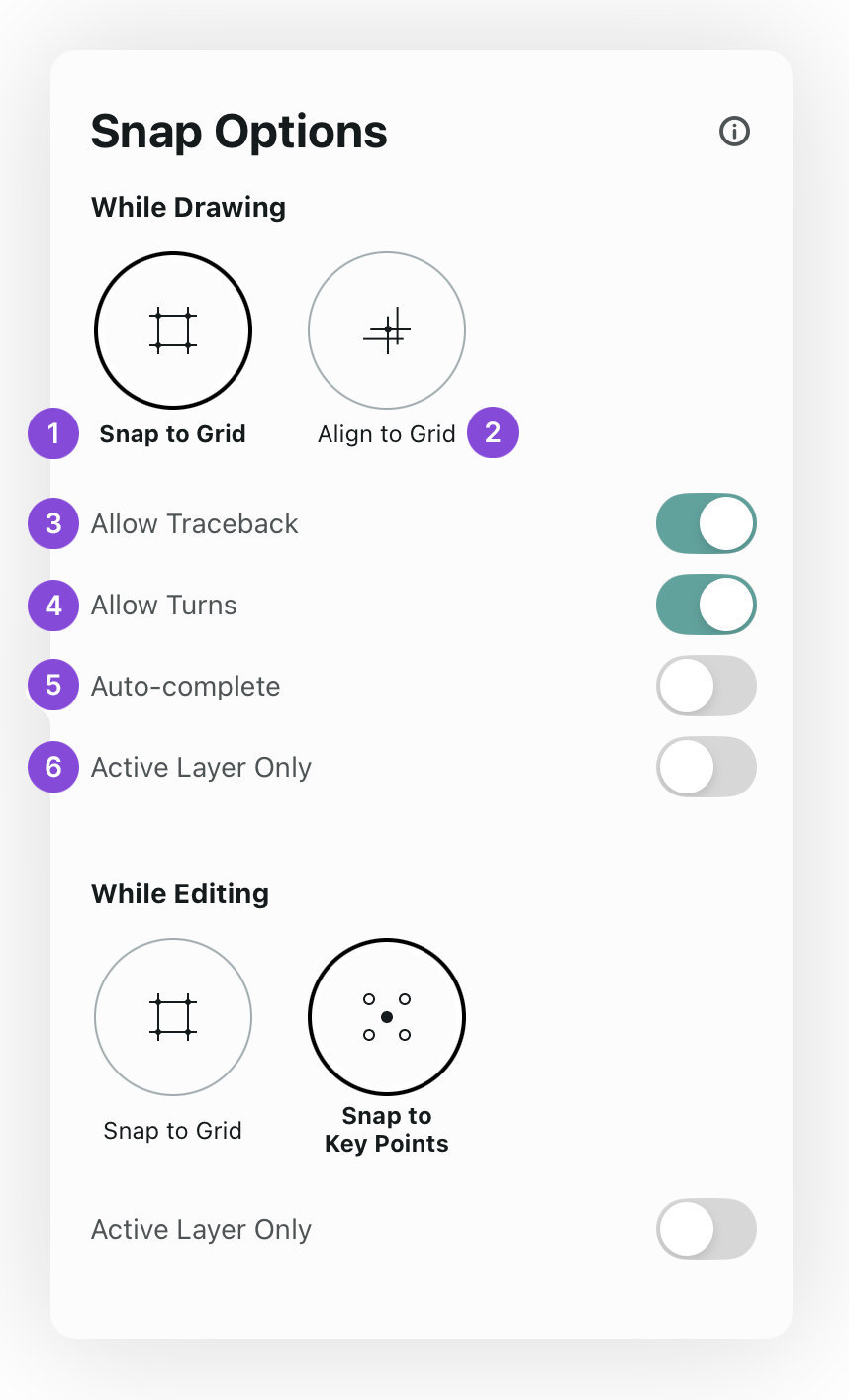 Snap Options While Drawing settings with numbered callouts on Snap to Grid, Align to Grid, Allow Traceback, Allow Turns, Auto-complete and Active Layer Only