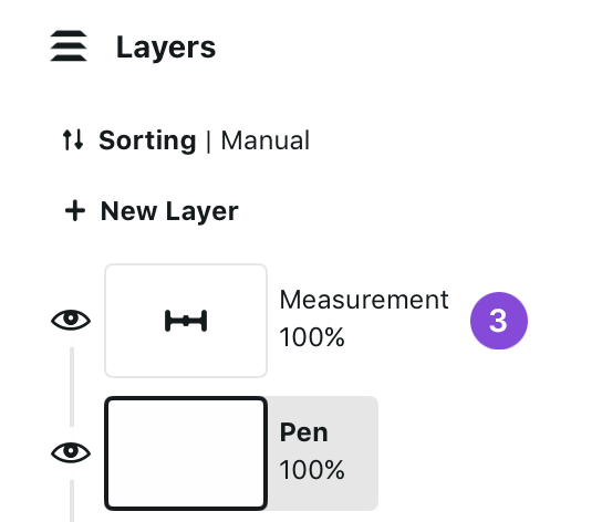 Layers panel with a callout on the Measurement layer visibility eye next to the active Pen layer