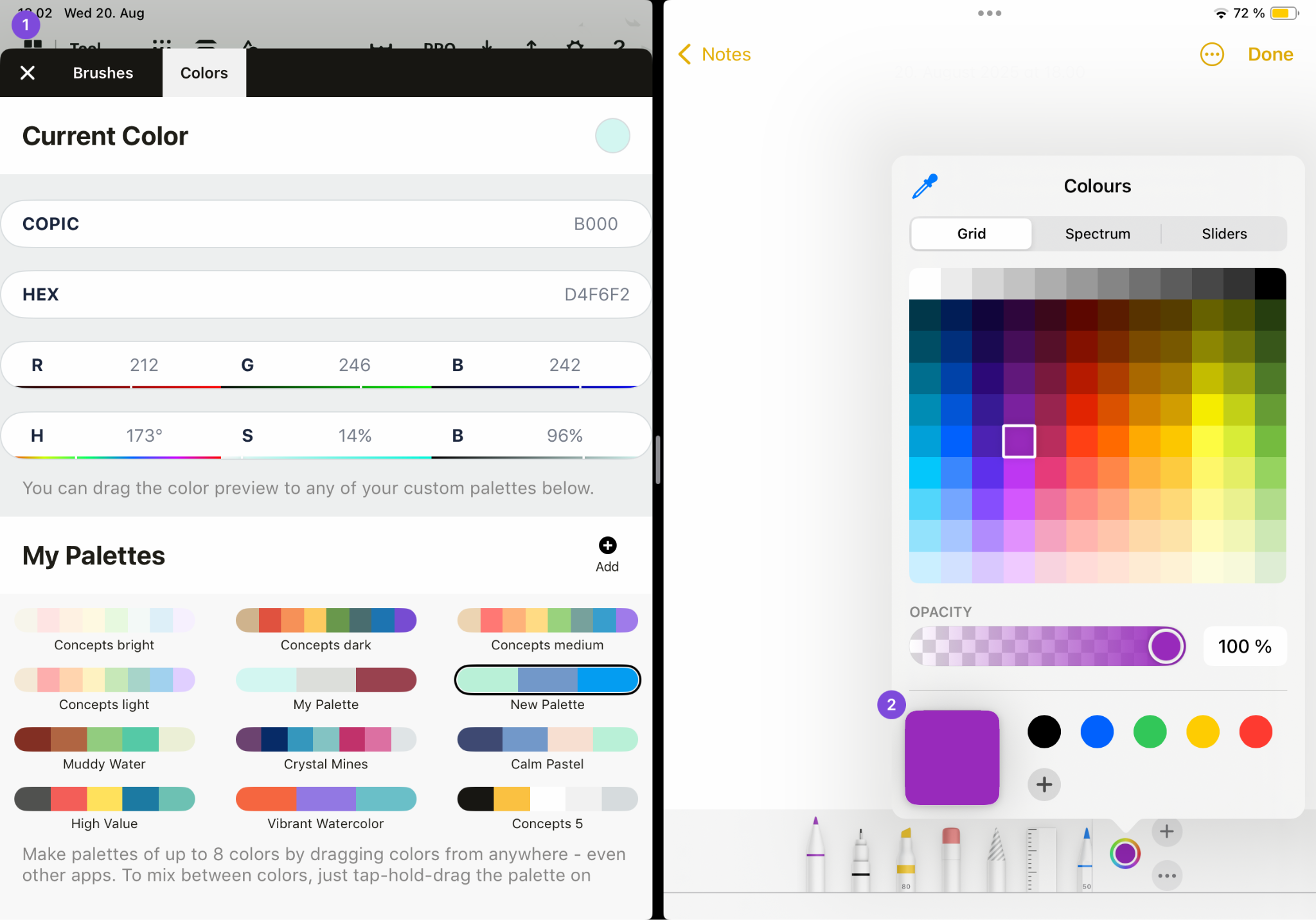 Drag and drop colors in split-screen mode
