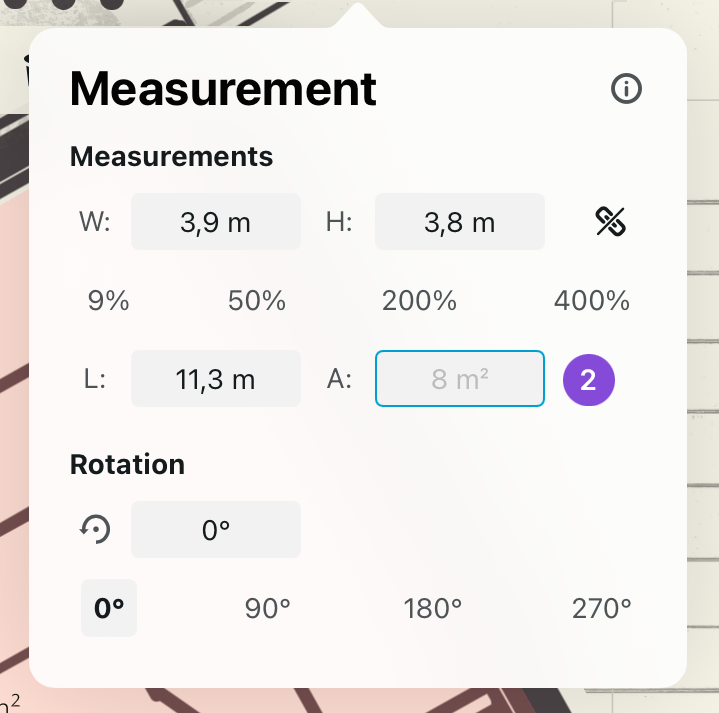 Measurement popup with the Area value highlighted for editing alongside Width, Height, Length and Rotation controls