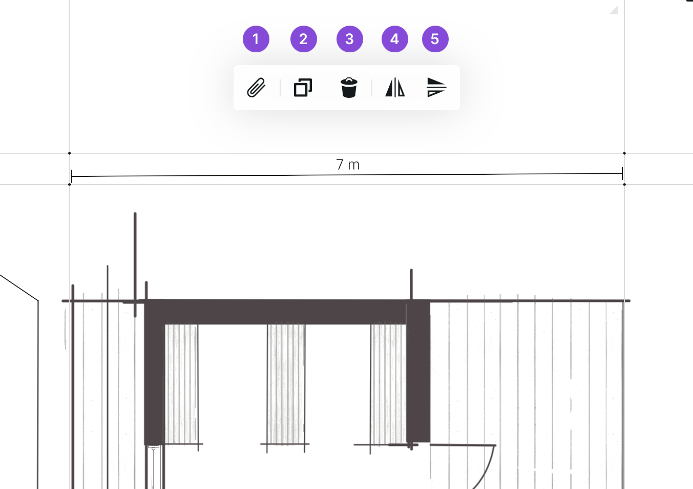 Selected 7 meter measurement stroke with the contextual toolbar showing attach, duplicate, delete and mirror icons