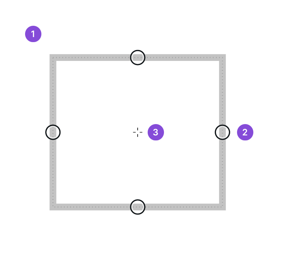 Rectangle shape guide on the canvas with callouts on the bounds, edge handle and center point