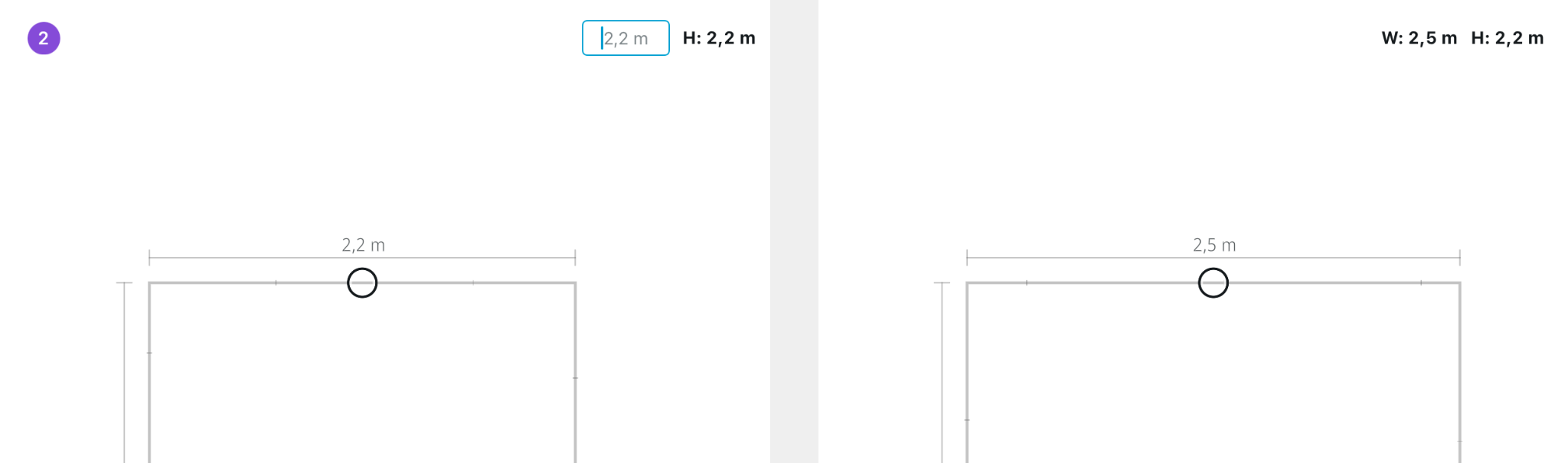 Two shape outlines with editable width and height measurement values being customized