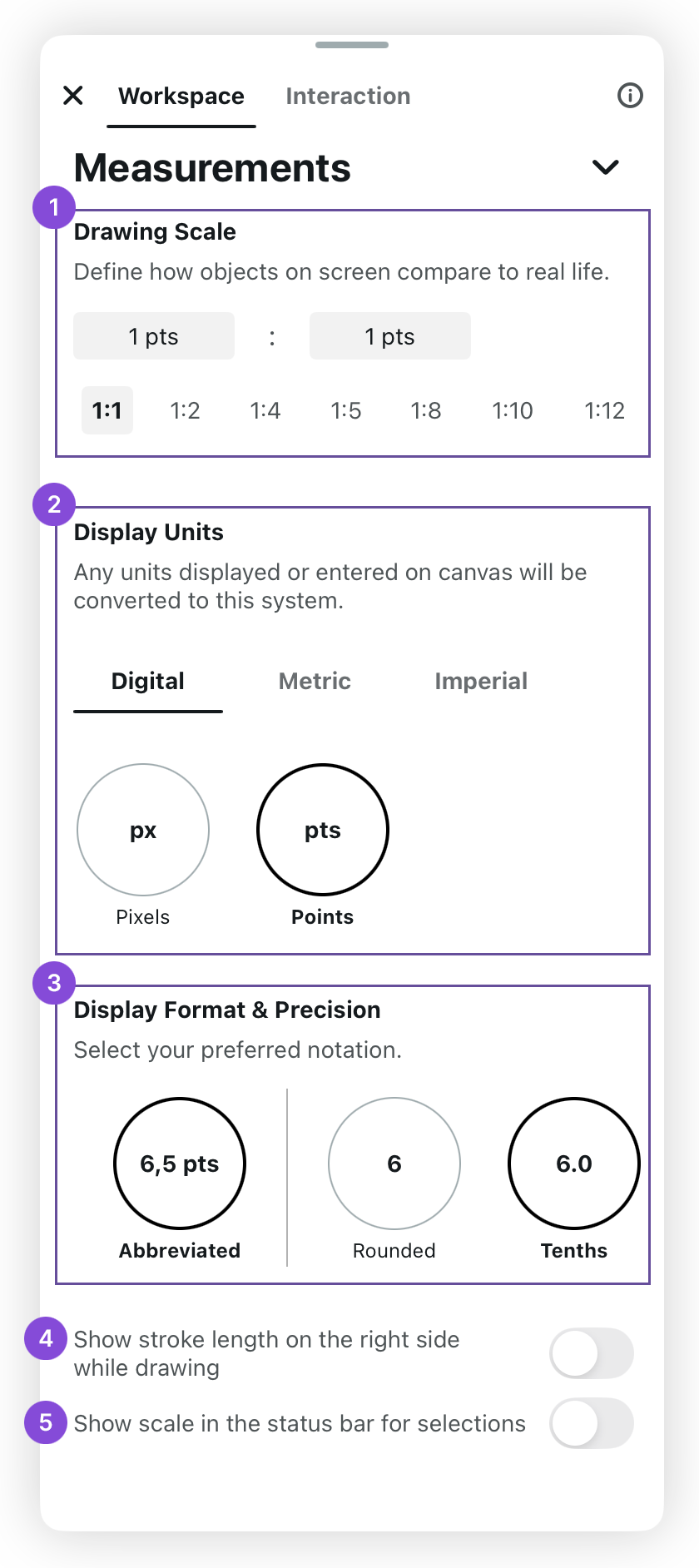 Measurements settings panel showing Drawing Scale presets, Display Units, Display Format and Precision options with stroke length and scale toggles
