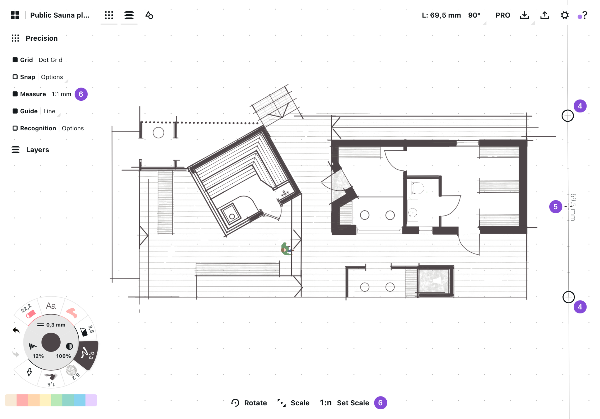 Floor plan with selection handles and a 69.5 mm dimension shown with Rotate, Scale and Set Scale controls