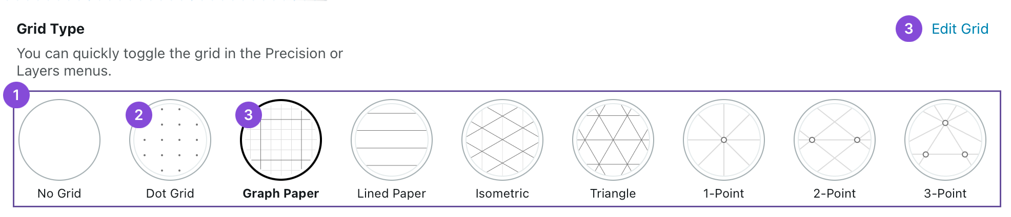Grid Type selector showing No Grid, Dot Grid, Graph Paper, Lined Paper, Isometric, Triangle and 1, 2 and 3-Point perspective options