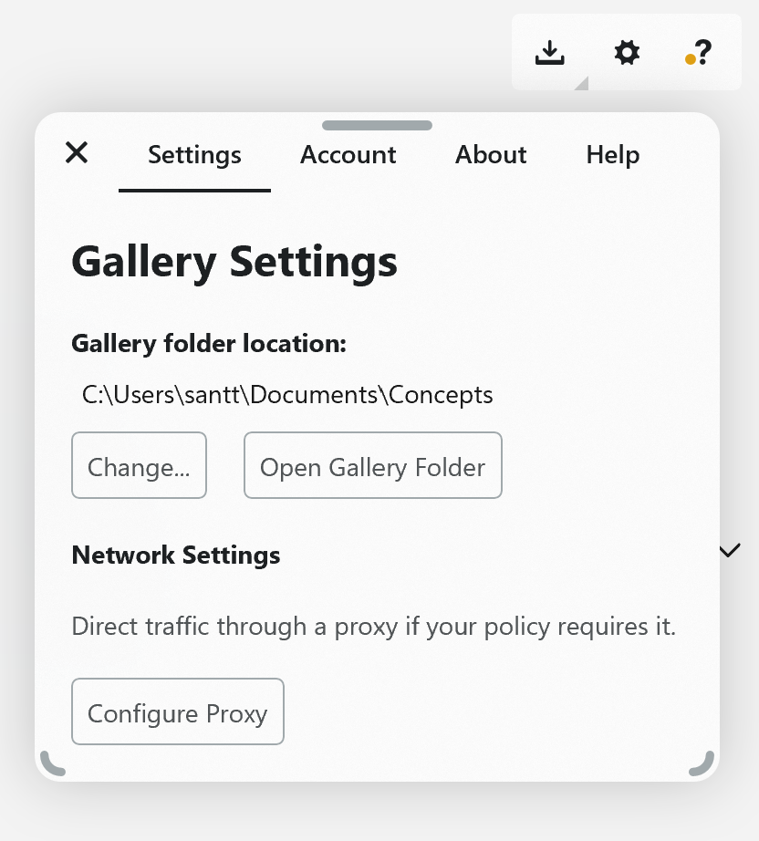 Windows Concepts Gallery folder location settings