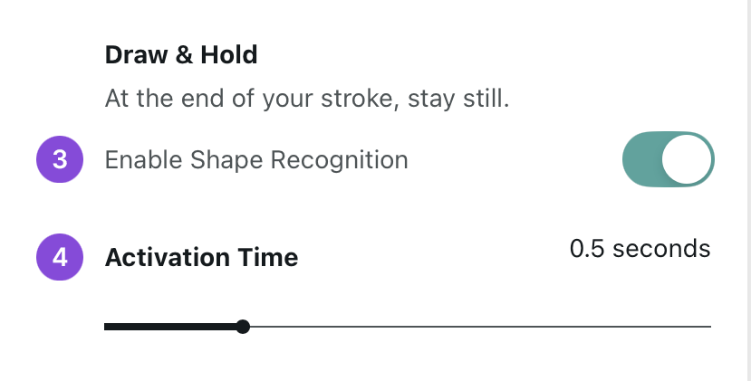 Shape Recognition settings showing the Draw and Hold method with Enable toggle and Activation Time slider at 0.5 seconds