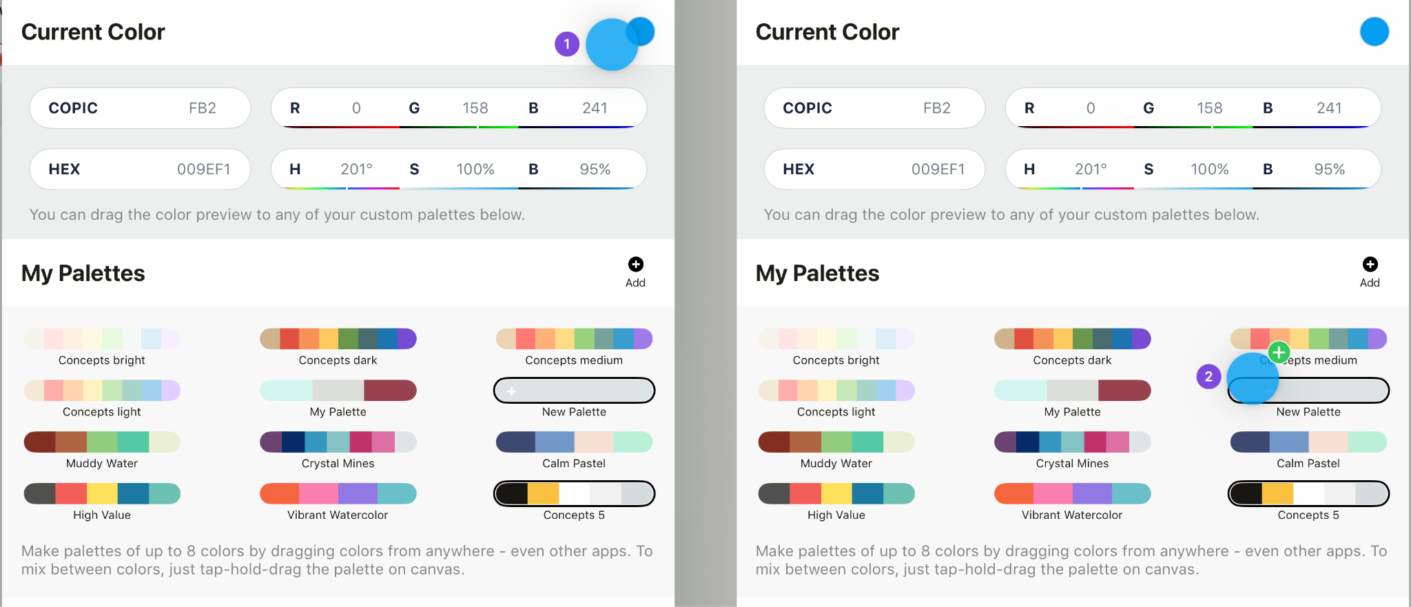 Adding colors to a palette via drag and drop