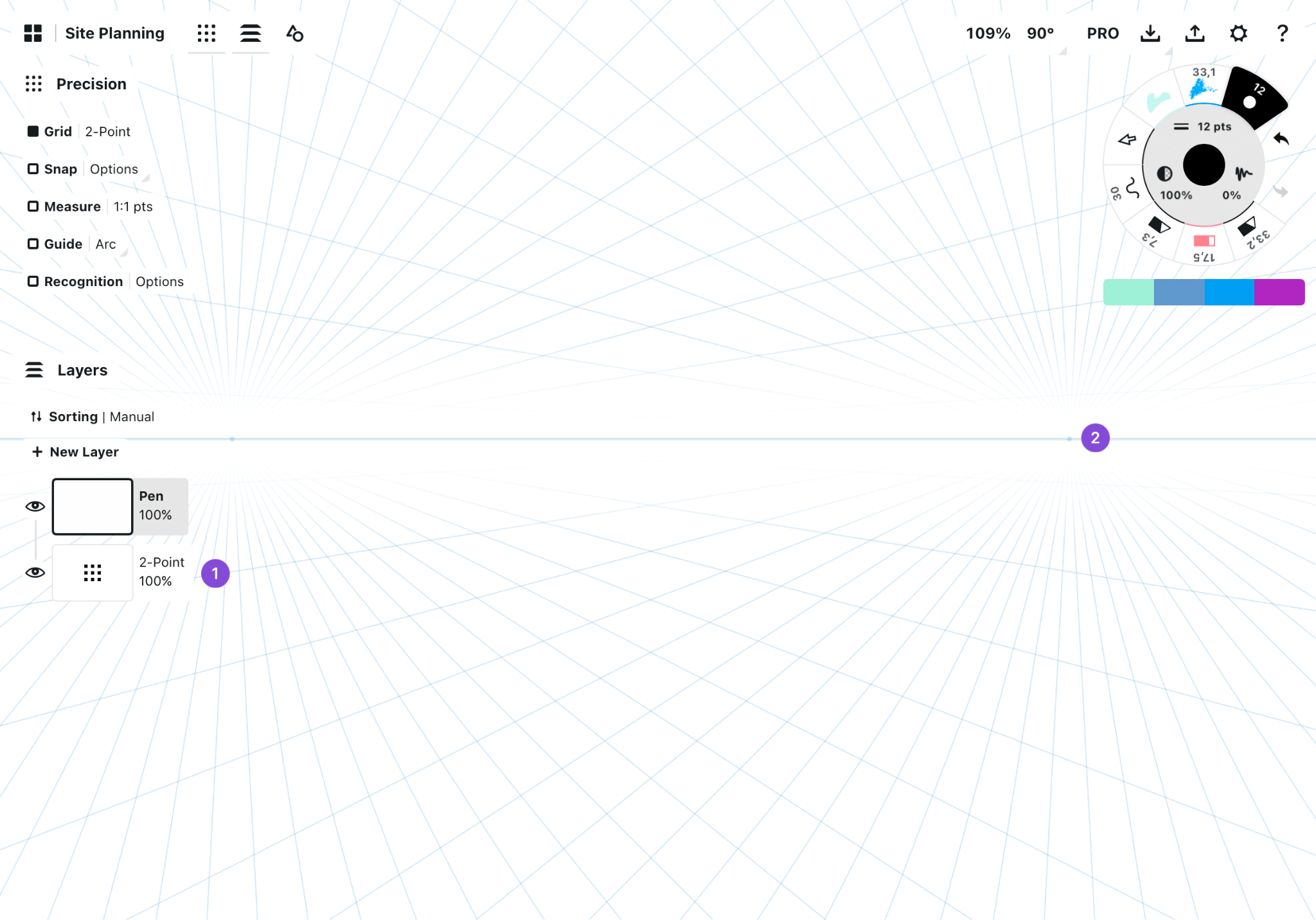 Canvas showing a 2-Point perspective grid rotated 90 degrees with callouts on the grid layer and rotation control