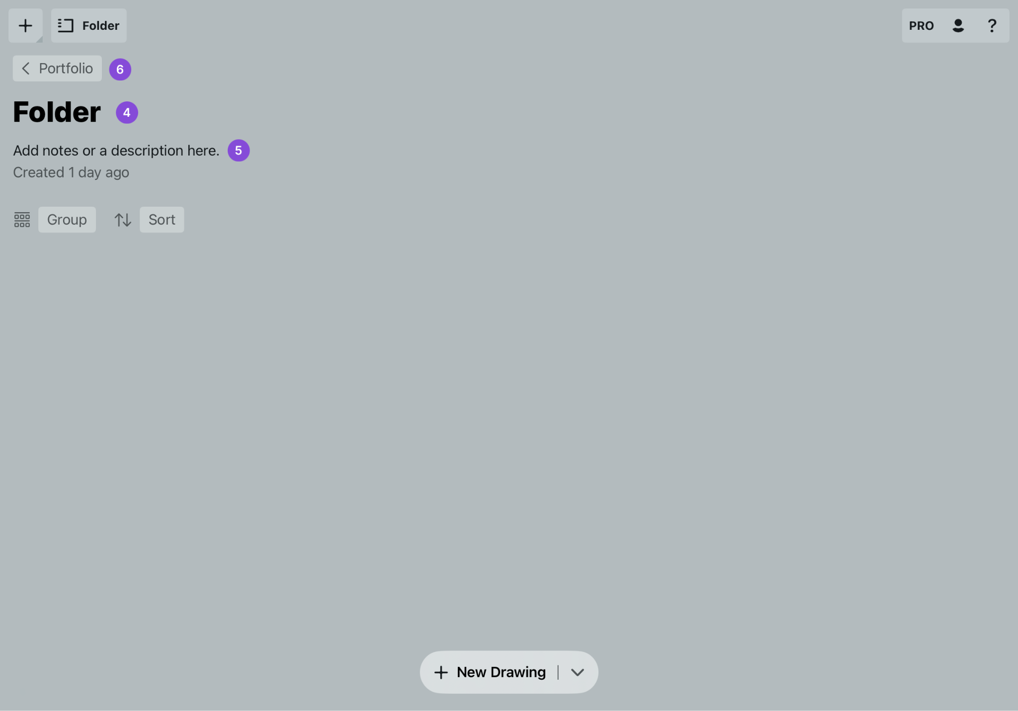 Concepts Gallery folder contents view with drawings and naming options
