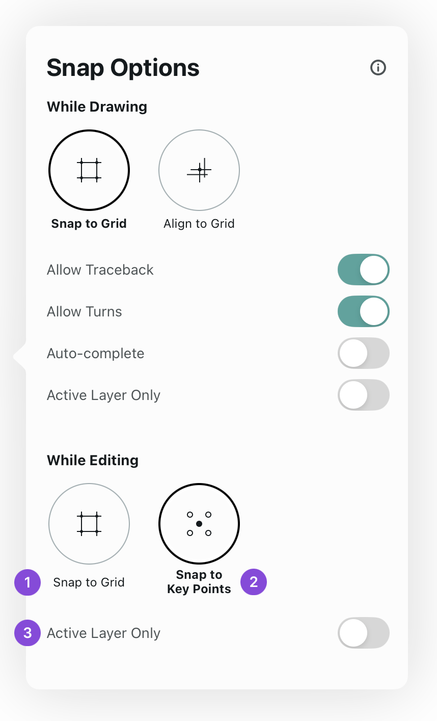 Snap Options panel with While Drawing and While Editing sections showing Snap to Grid and Snap to Key Points selections