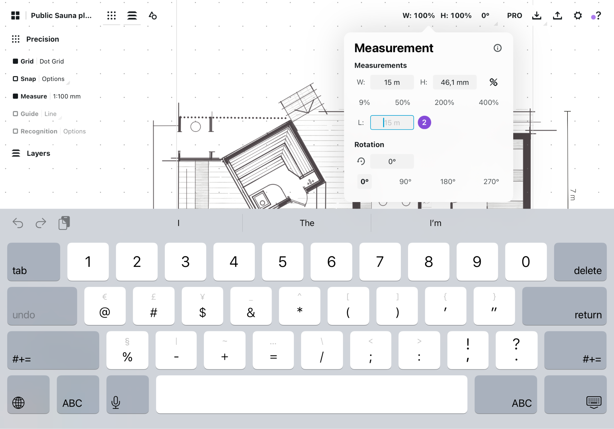 Floor plan with the Measurement popup showing the Length field being edited to 15 m using the on-screen keyboard