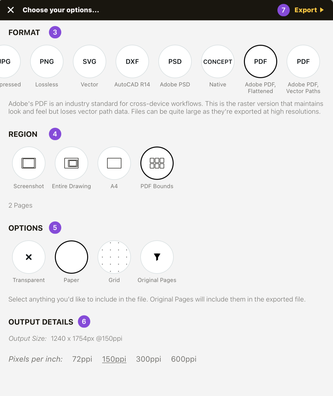 PDF export dialog showing Format, Region, Options and Output Details sections with numbered callouts and an Export button