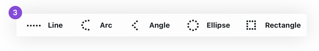 Shape guide options strip showing Line, Arc, Angle, Ellipse and Rectangle choices