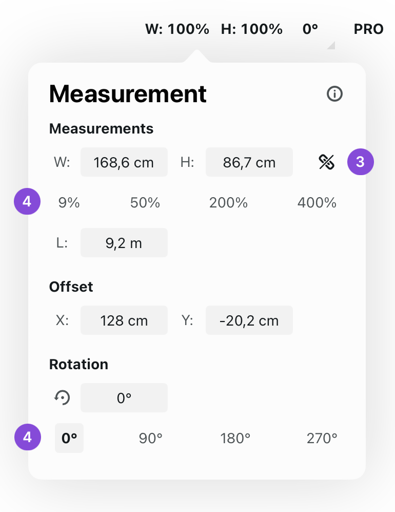 Measurement popup with editable Width, Height, Length, Offset and Rotation values plus quick-scale percentage presets